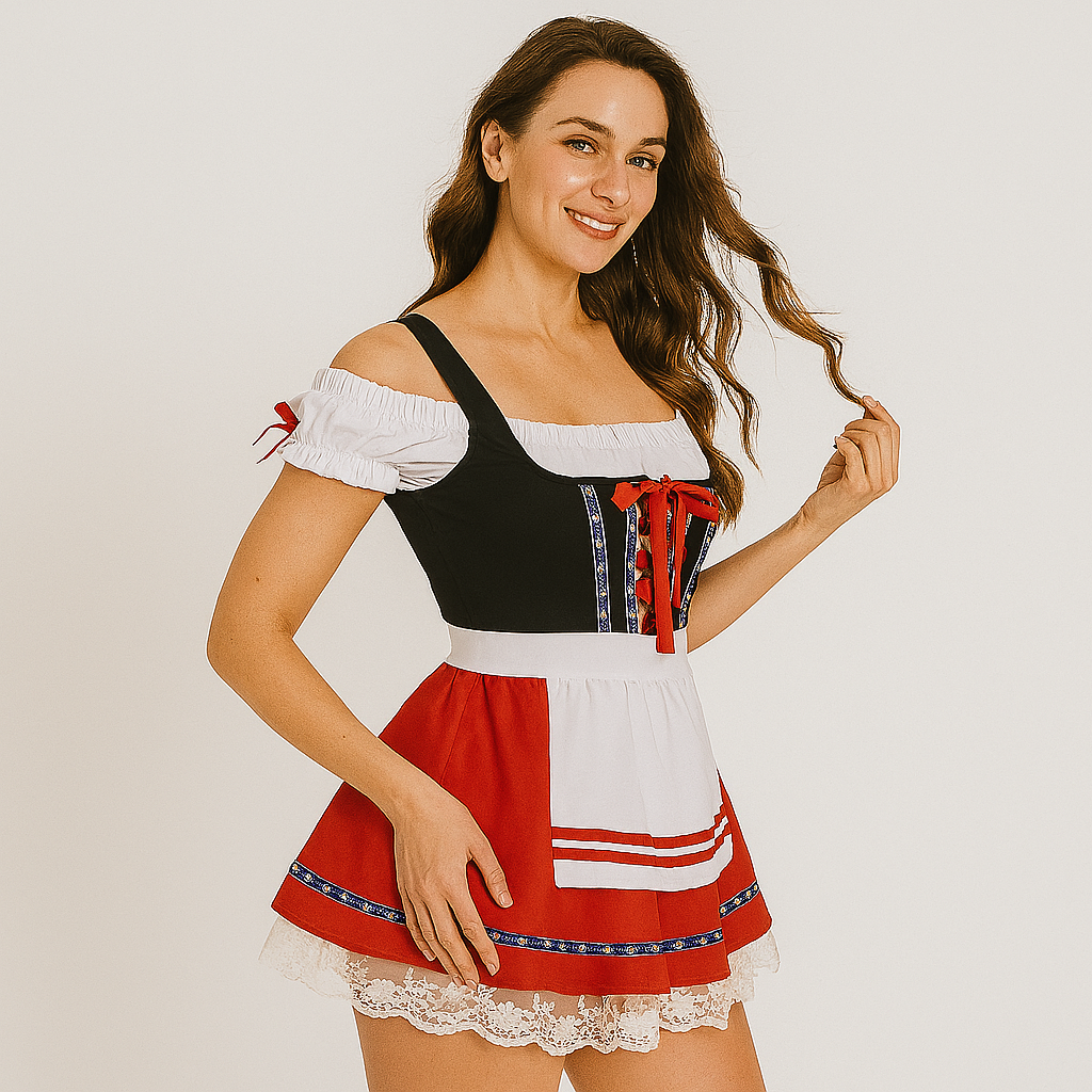 Oktoberfest Women's Dirndl – Elegant Black and Red Dress with Lace & Ruffles