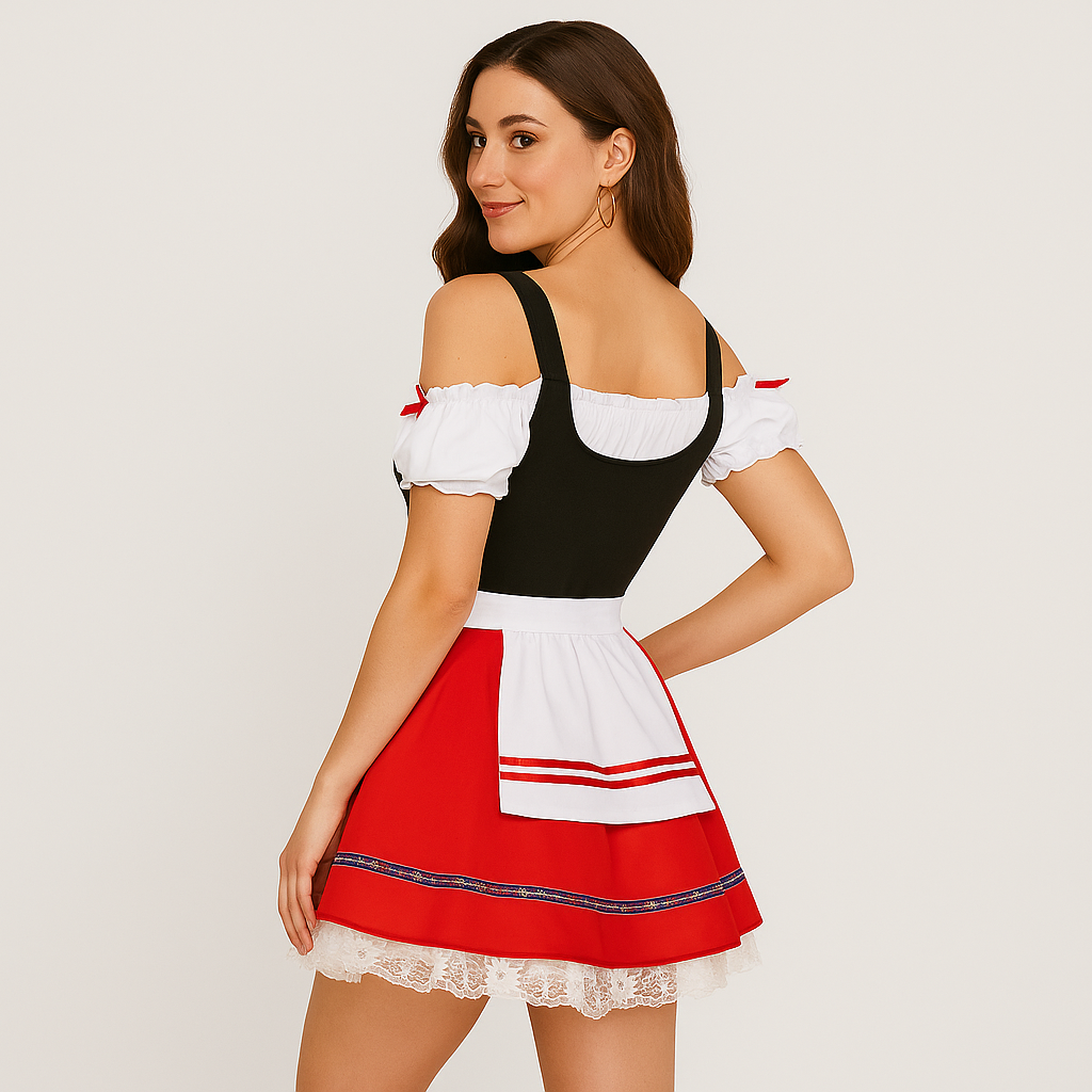 Oktoberfest Women's Dirndl – Elegant Black and Red Dress with Lace & Ruffles