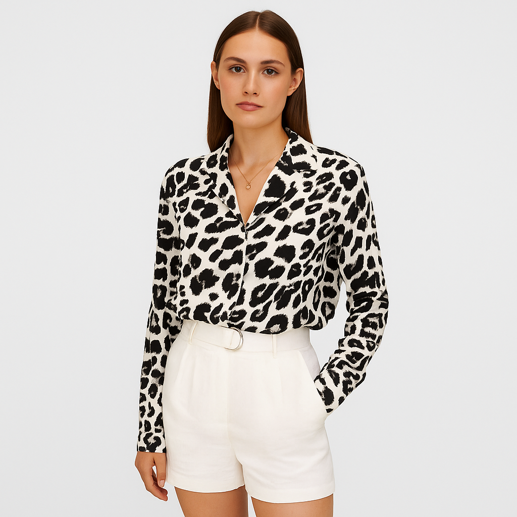 Hanna - Leopard Print Blouse with Long Sleeves and Shirt Collar