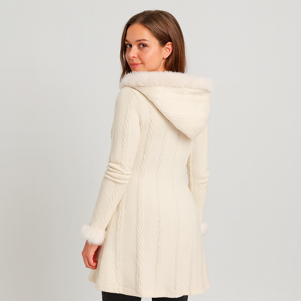 Selena | Women's Hooded Coat with Plaid Patchwork and Horn Buttons