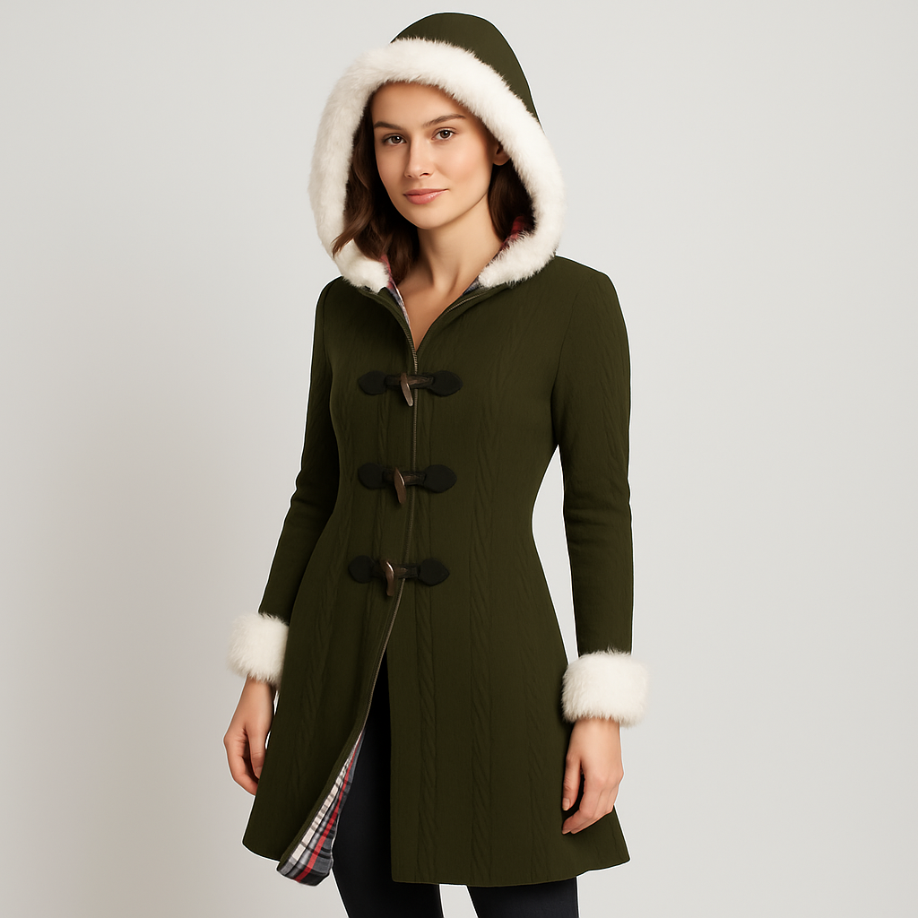 Selena | Women's Hooded Coat with Plaid Patchwork and Horn Buttons