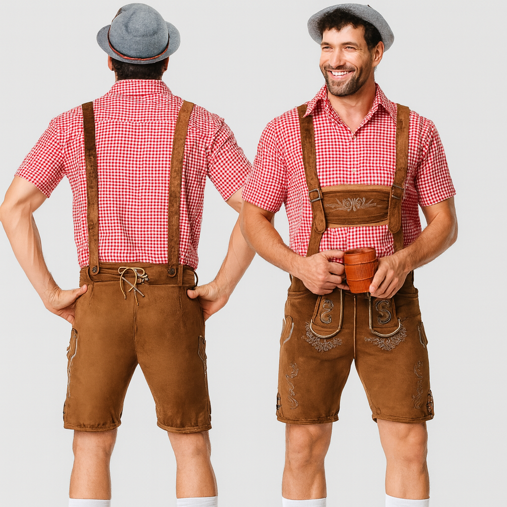 Men's Leather Brown – Genuine Traditional Leather with Embroidery & Suspenders for Oktoberfest