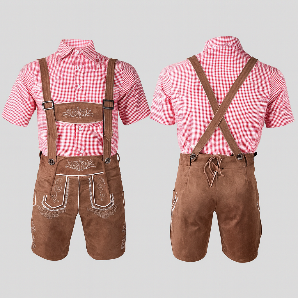 Men's Traditional Costume Set – Short Leather Shorts with Embroidery & Plaid Shirt for Oktoberfest