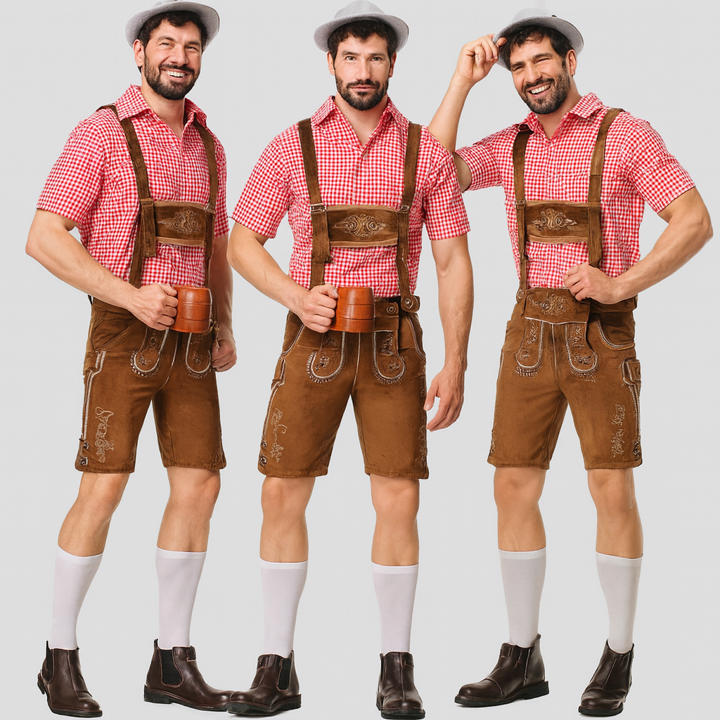Men's Traditional Costume Set – Short Leather Shorts with Embroidery & Plaid Shirt for Oktoberfest