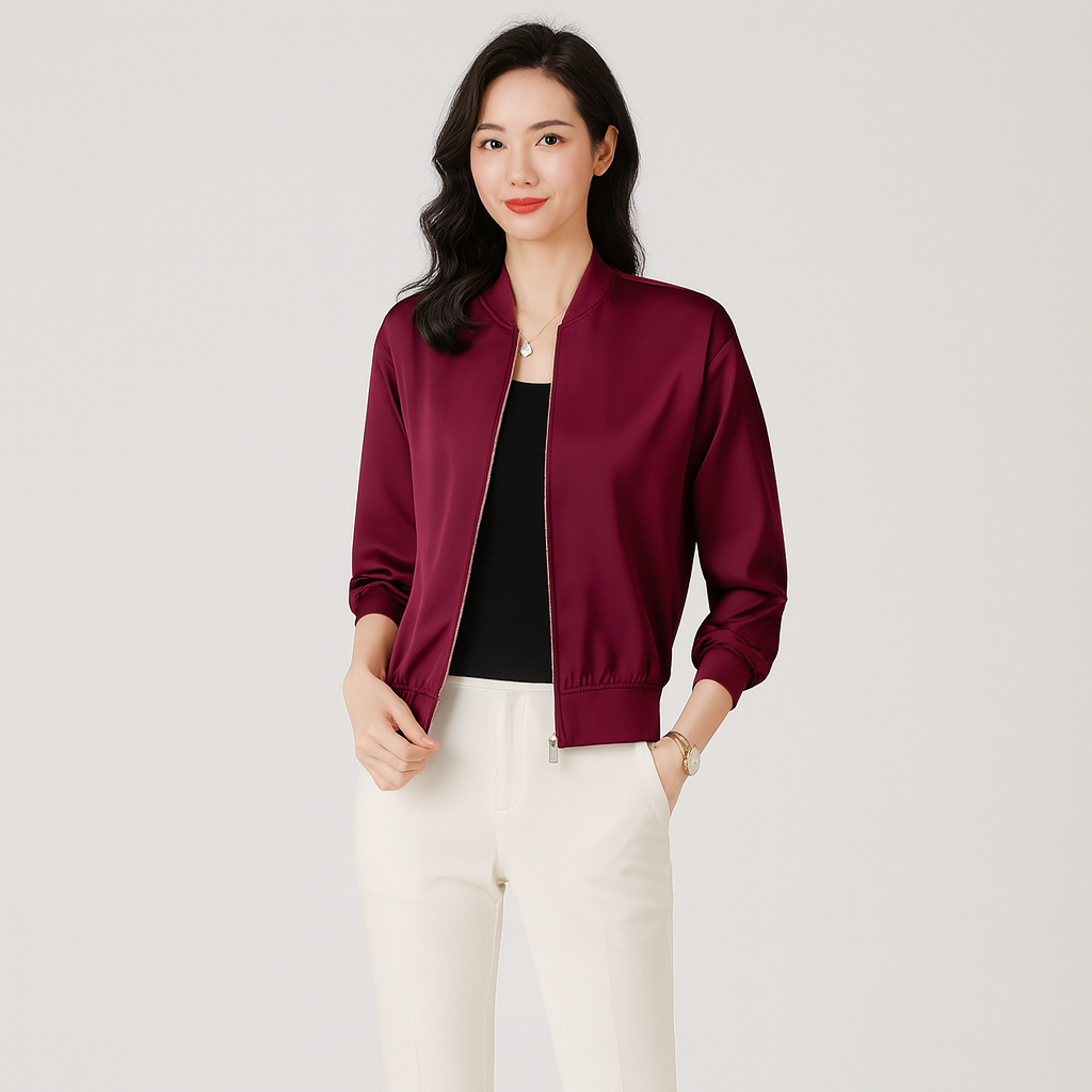 Satin Flight Jacket for Women – Relaxed Fit, Zipper, All-Weather Style