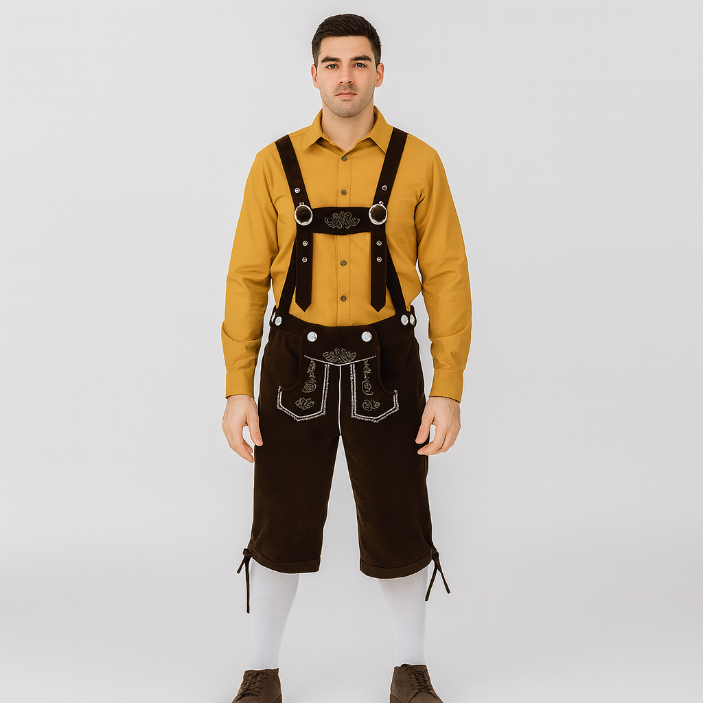 Men's Traditional Outfit – Knee Leather Trousers with Embroidery & Checkered Shirt for Oktoberfest