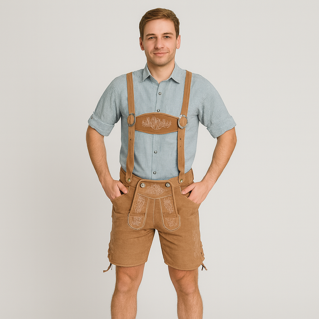 Men's traditional outfit – Light leather trousers with suspenders & green checkered shirt for Oktoberfest