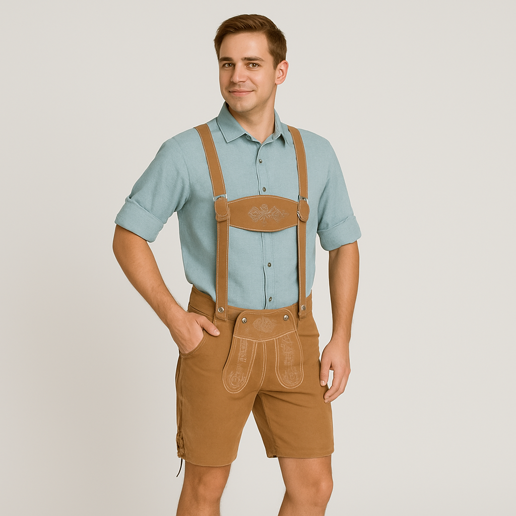 Men's traditional outfit – Light leather trousers with suspenders & green checkered shirt for Oktoberfest