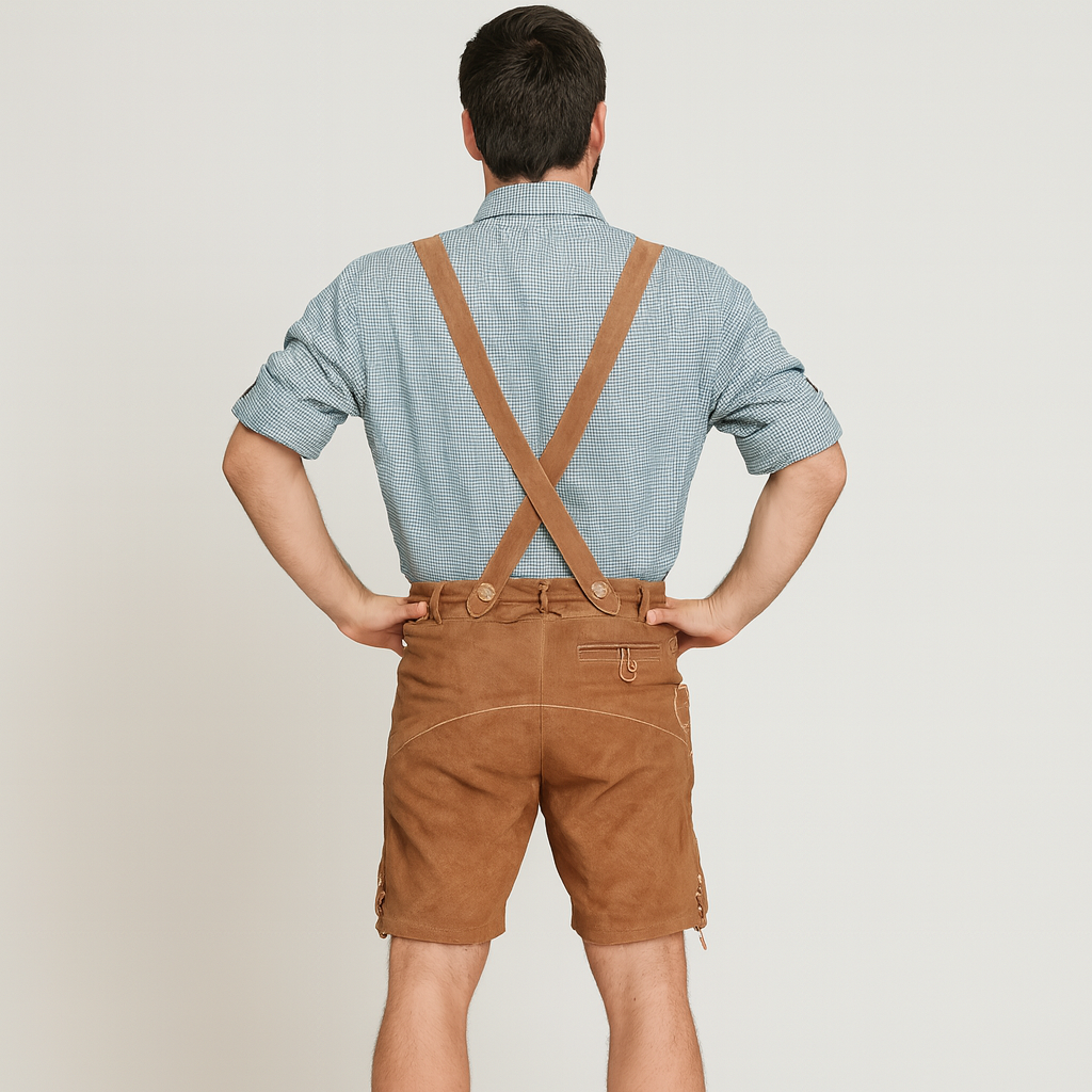 Men's traditional outfit – Light leather trousers with suspenders & green checkered shirt for Oktoberfest
