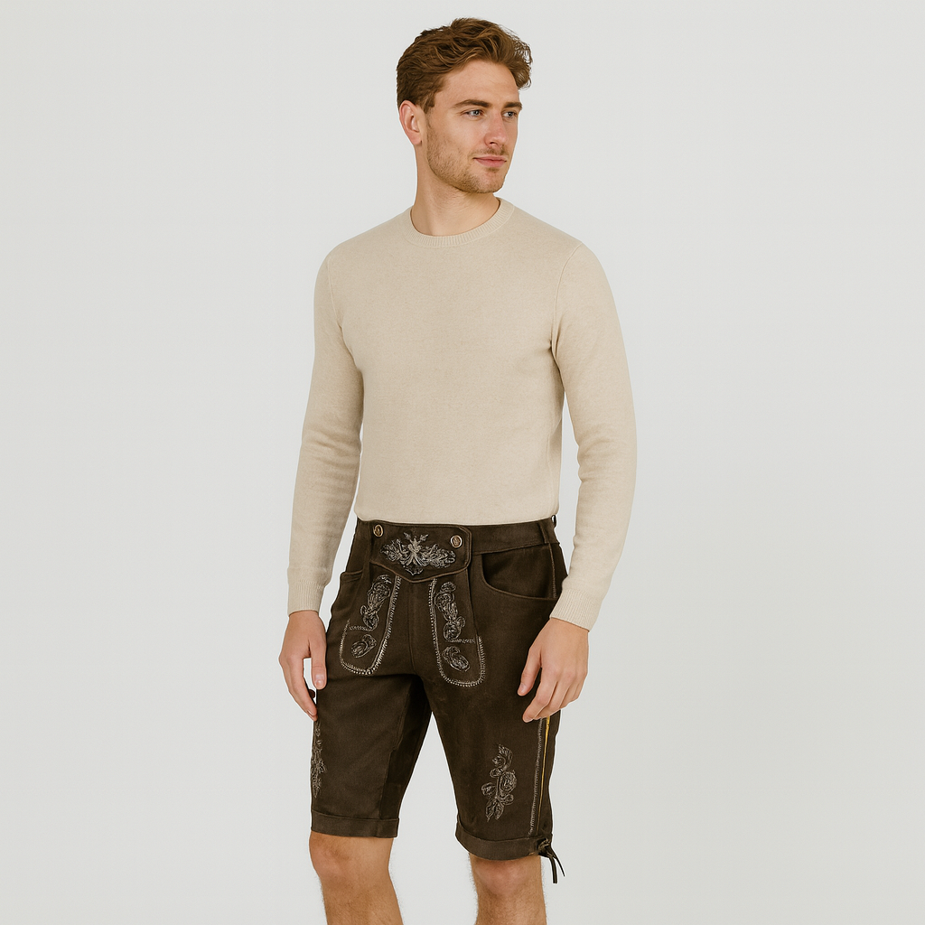 Men's Knee Patches Traditional Trachten Pants with Embroidery & Lacing for Oktoberfest