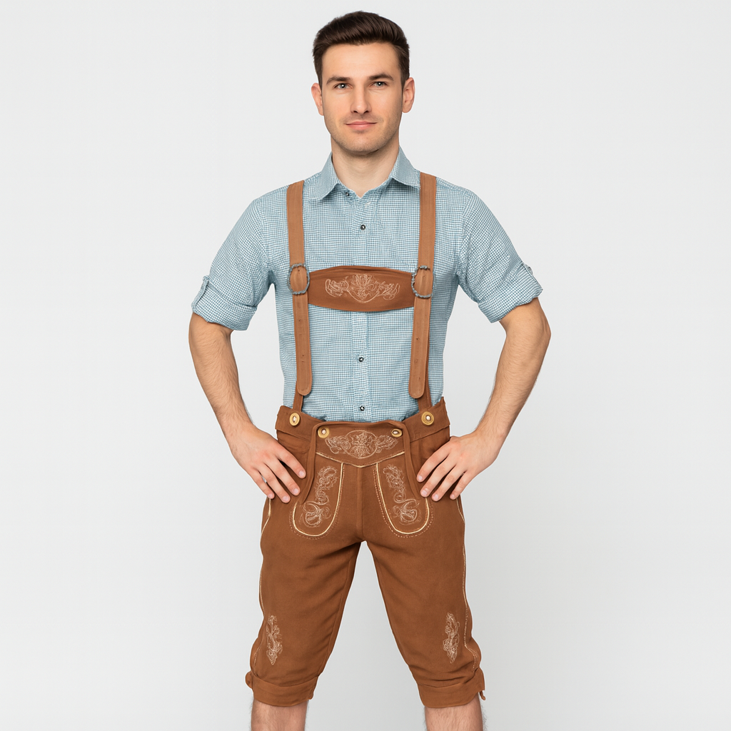 Men's Knee Lederhosen – Light Traditional Trousers with Suspenders & Embroidery for Oktoberfest