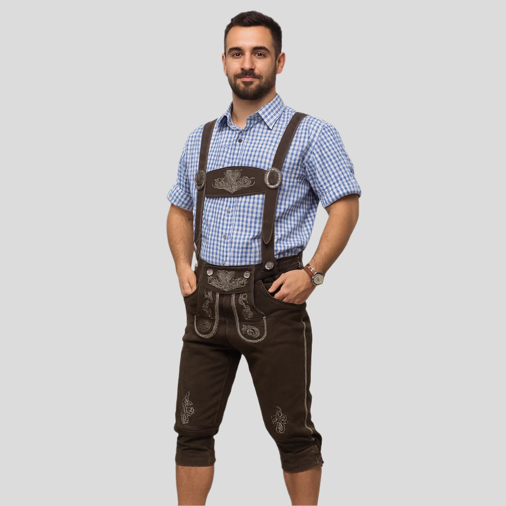 Men's Knee Patch Lederhosen – Dark Brown Traditional Pants with Suspenders Made of Genuine Leather for Oktoberfest