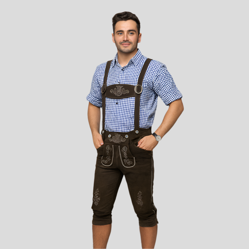 Men's Knee Patch Lederhosen – Dark Brown Traditional Pants with Suspenders Made of Genuine Leather for Oktoberfest