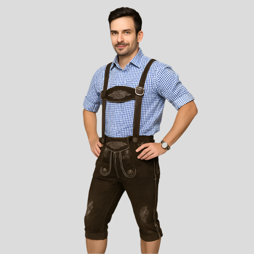 Men's Knee Patch Lederhosen – Dark Brown Traditional Pants with Suspenders Made of Genuine Leather for Oktoberfest