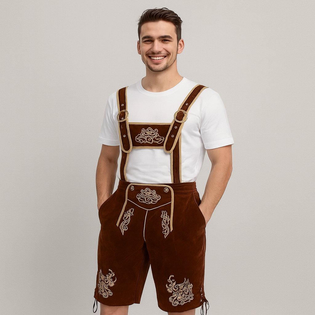 Oktoberfest Men's Shorts – Embroidered Short Trousers in Brown with Suspenders