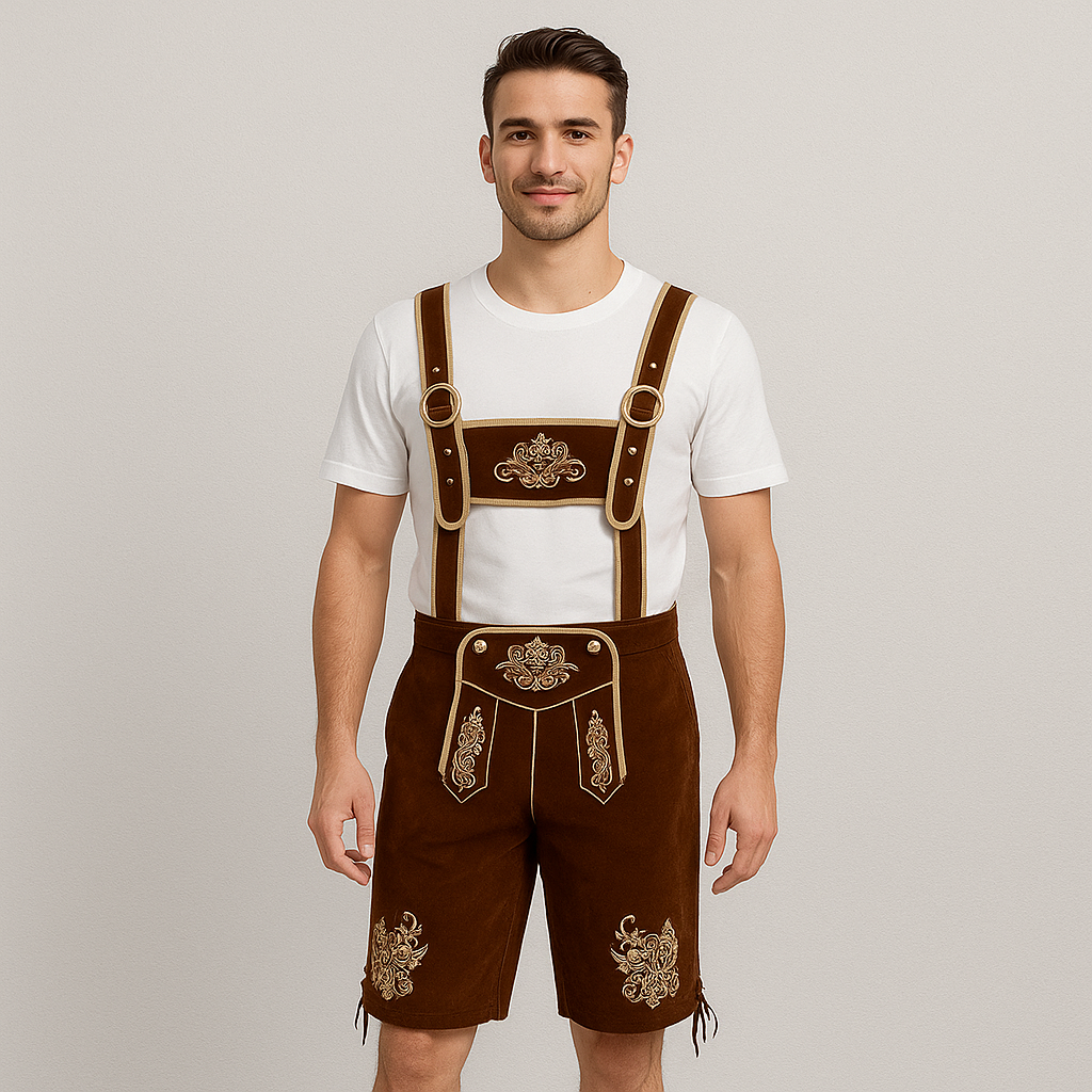 Oktoberfest Men's Shorts – Embroidered Short Trousers in Brown with Suspenders