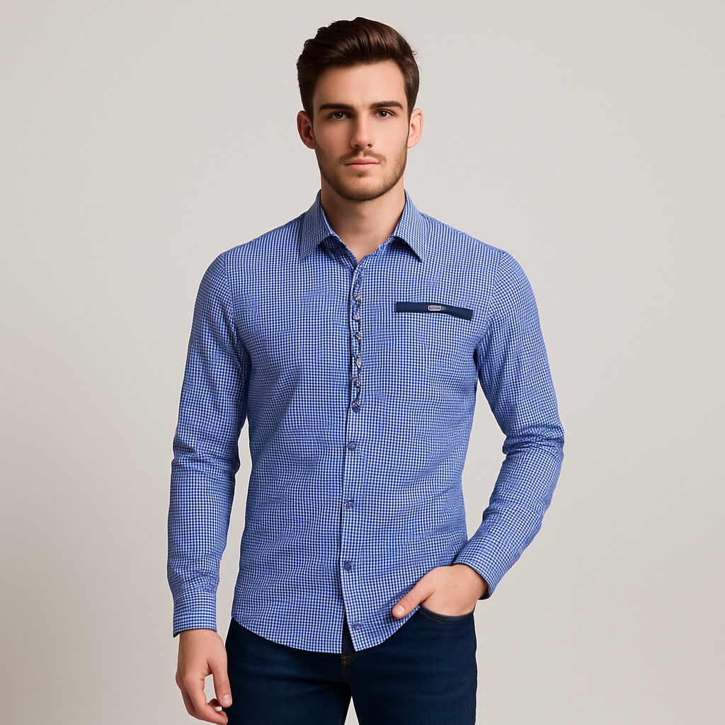 Men's Trachten Shirt – Red and White Checkered Shirt with Contrast Collar & Button Placket for Oktoberfest