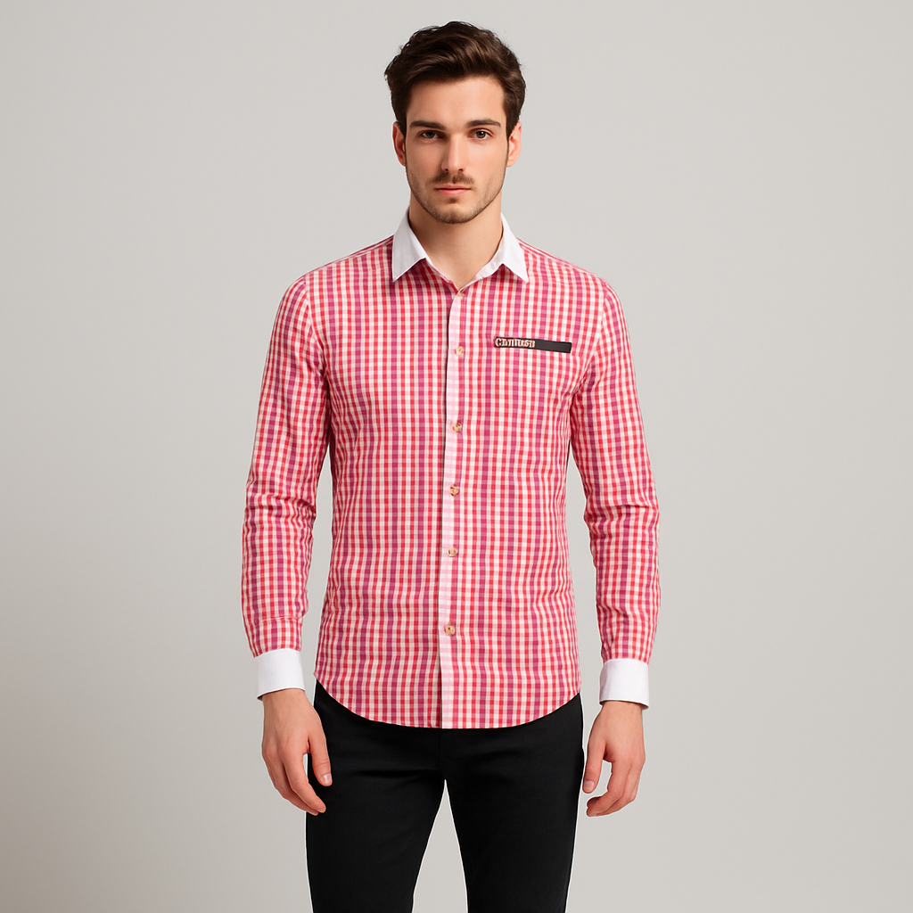 Men's Trachten Shirt – Red and White Checkered Shirt with Contrast Collar & Button Placket for Oktoberfest