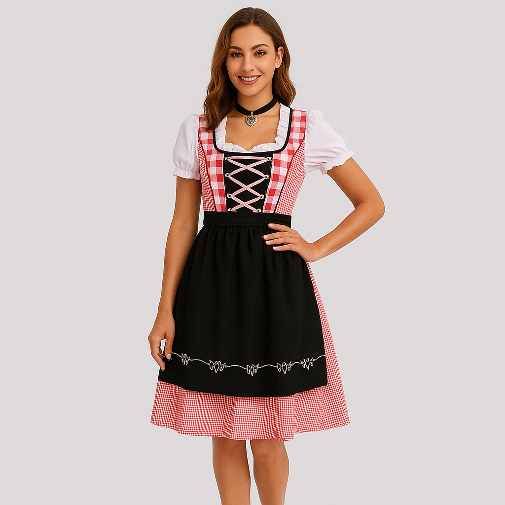 Bavarian Dirndl Dress – Red Checked Pattern in Beer Girl Style for Oktoberfest