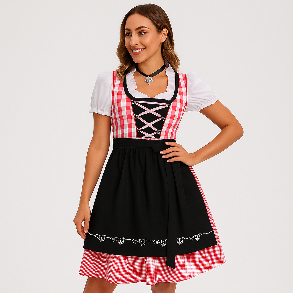 Bavarian Dirndl Dress – Red Checked Pattern in Beer Girl Style for Oktoberfest