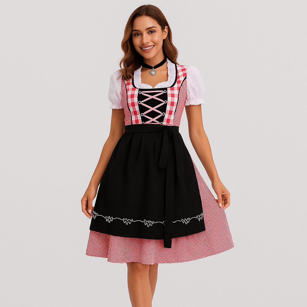 Bavarian Dirndl Dress – Red Checked Pattern in Beer Girl Style for Oktoberfest