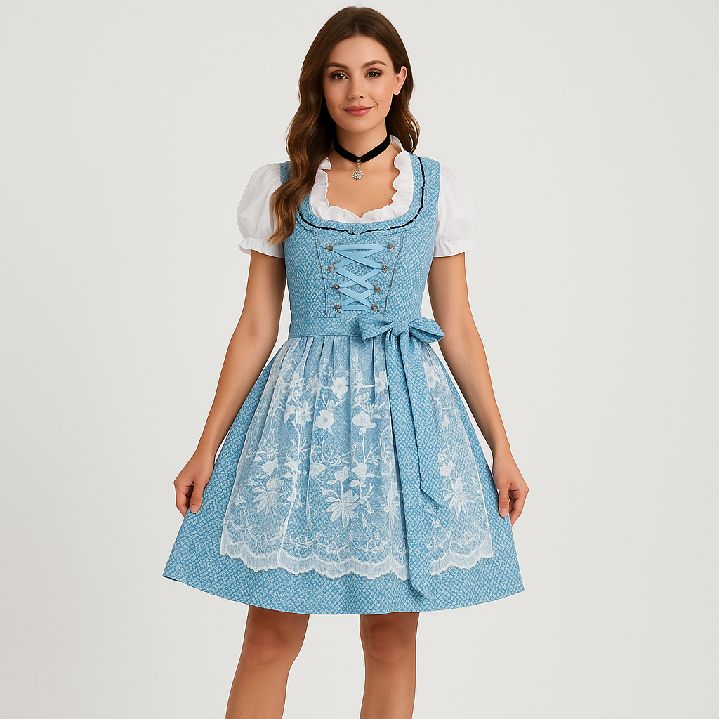 Elegant Women's Dirndl – Blue and White with Polka Dot Pattern & Festive Bow