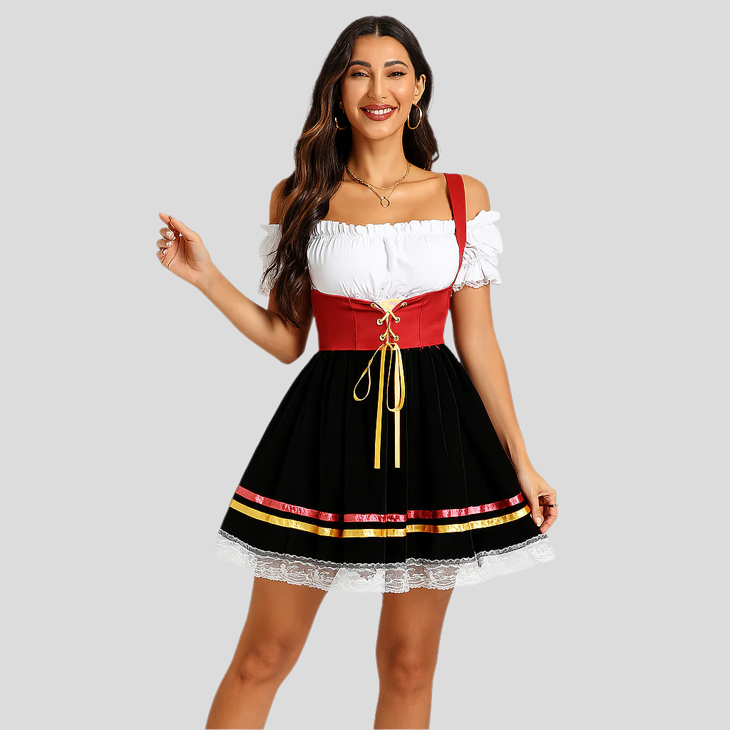 Off-Shoulder Dirndl Dress – Elegant Traditional Clothing with Lace & Puff Sleeves for Oktoberfest