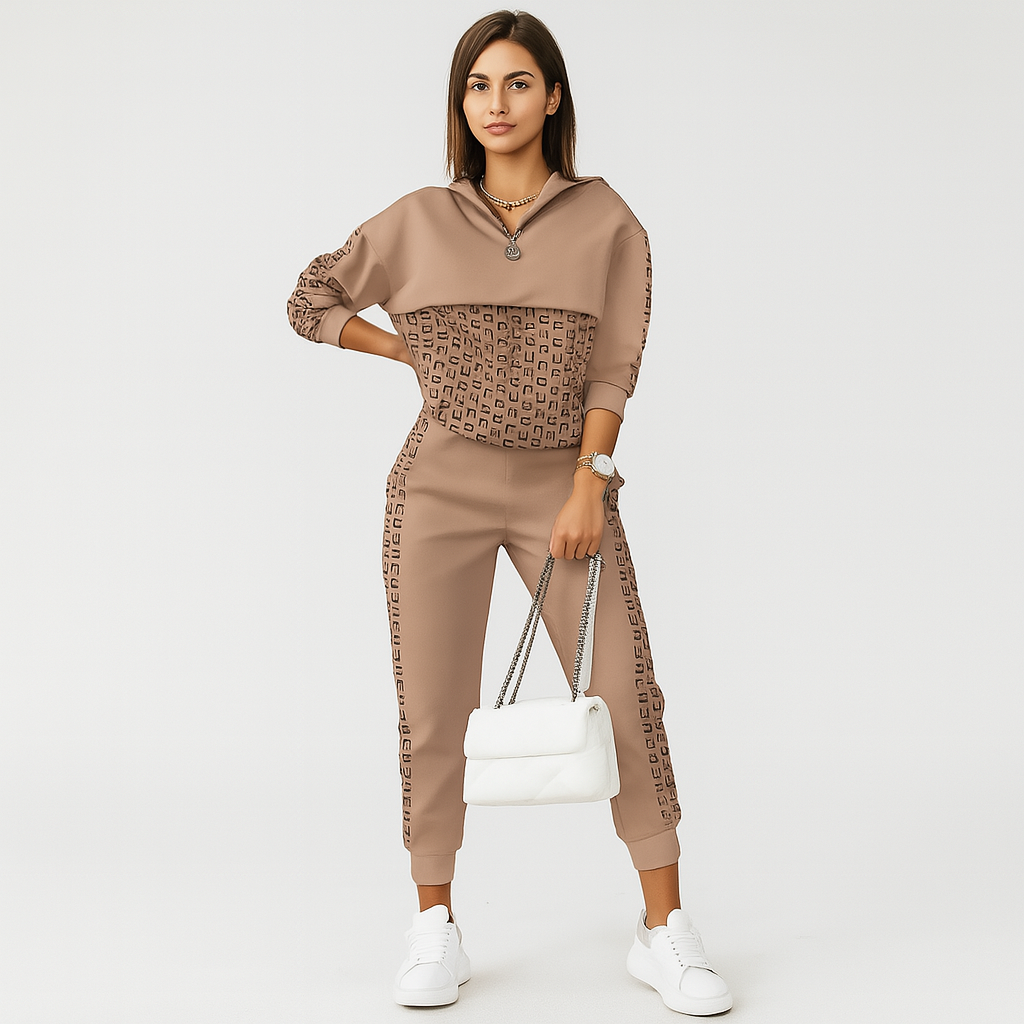 Elegant Two-piece Training set for women – Plaid jacket with zipper and slim pants with side stripe