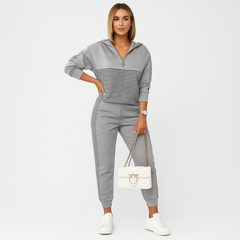 Elegant Two-piece Training set for women – Plaid jacket with zipper and slim pants with side stripe