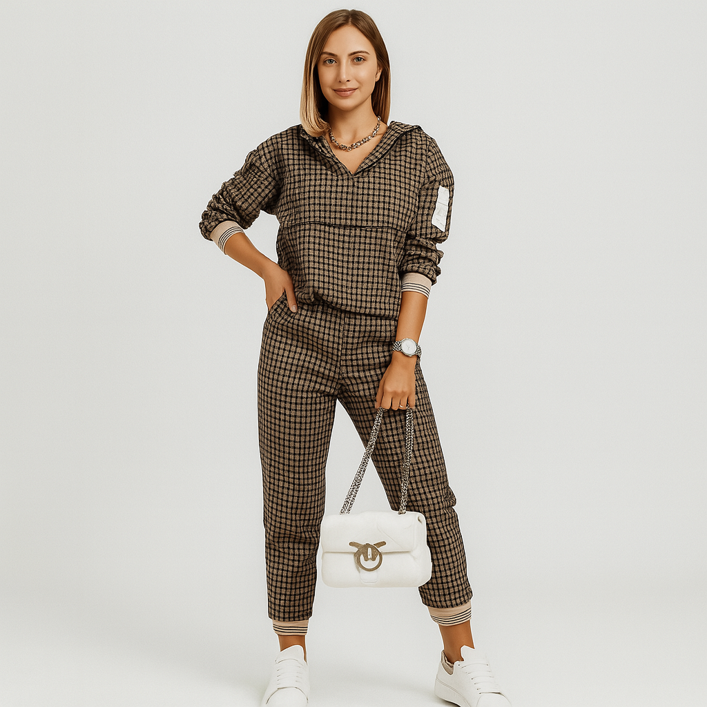 Elegant Two-piece Training set for women – Plaid jacket with zipper and slim pants with side stripe