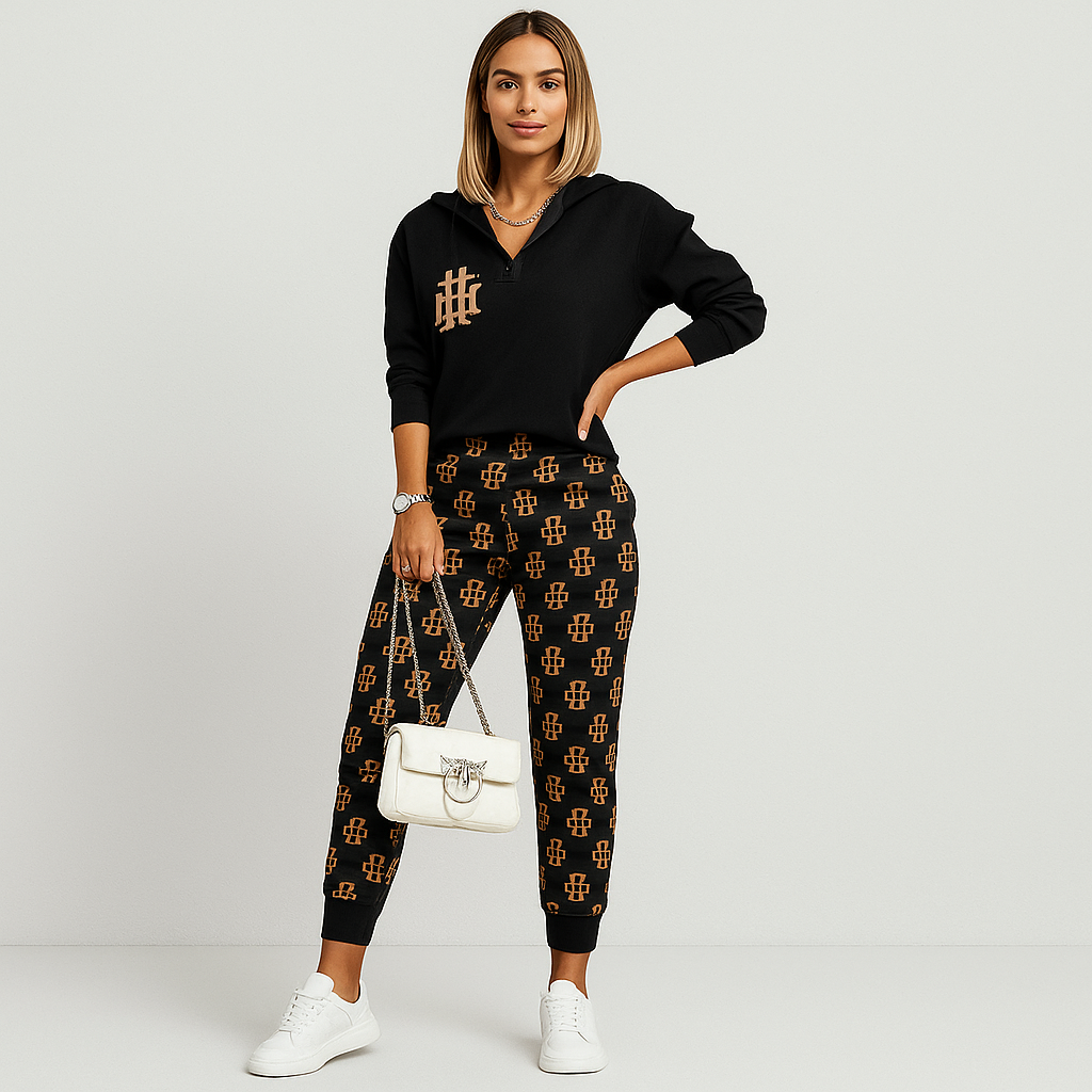 Elegant Two-piece Training set for women – Plaid jacket with zipper and slim pants with side stripe