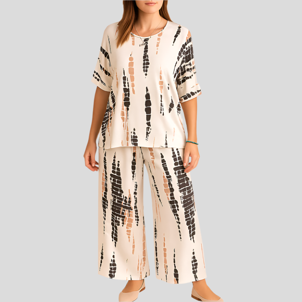 Elise Casual Two-Piece Set – Rounded Neck Top and Wide-Leg Pants for Effortless Style