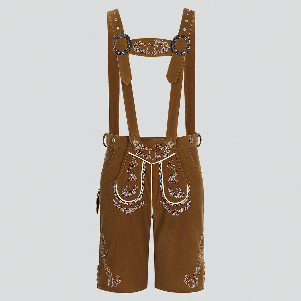 Men's Brown Traditional  Trousers with Embroidery & Suspenders for Oktoberfest