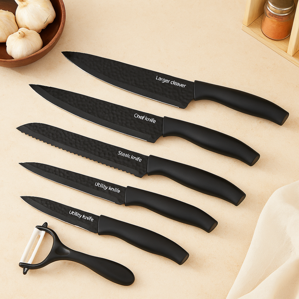 Chefora | Set of 6 stainless steel kitchen knives and accessories – Black gift edition