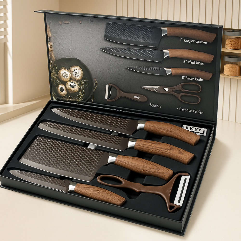 Chefora | Set of 6 stainless steel kitchen knives and accessories – Black gift edition