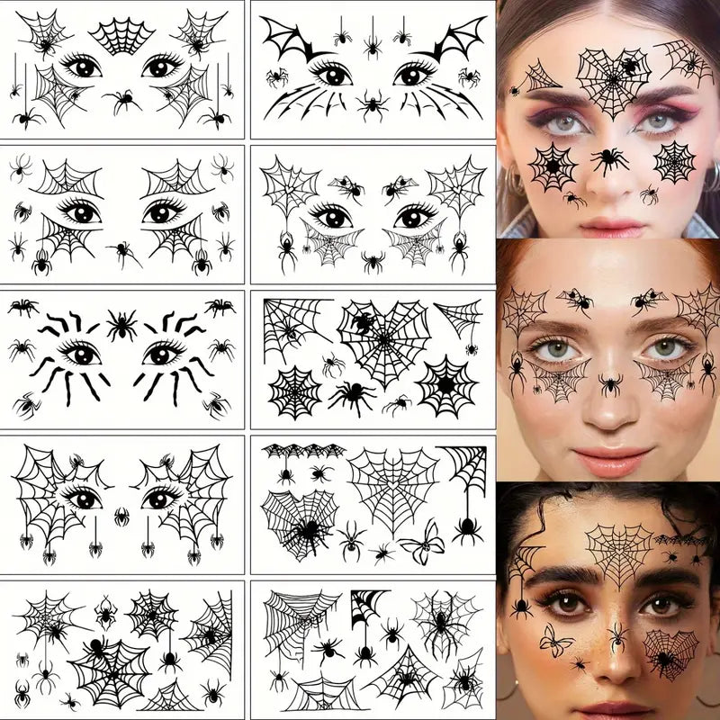 DarkAura | Pack of 10 Halloween Fake Tattoo Stickers – Black Spider Web Pattern for Face, Arms, and Party Decor