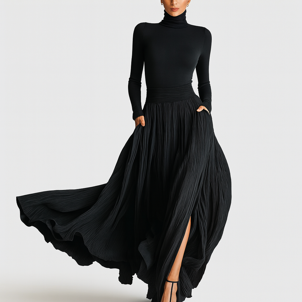 Evara All-Black Skinny Turtleneck & Pleated Skirt Set