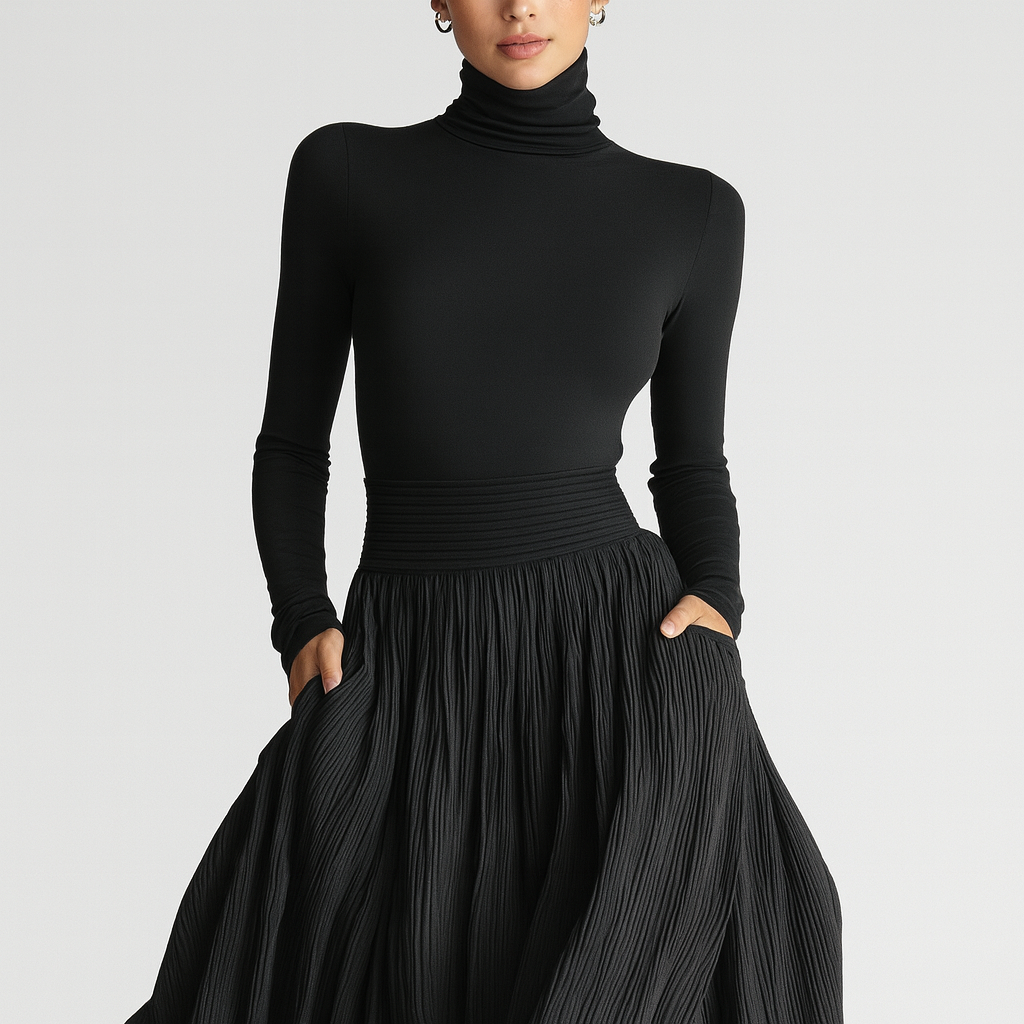 Evara All-Black Skinny Turtleneck & Pleated Skirt Set