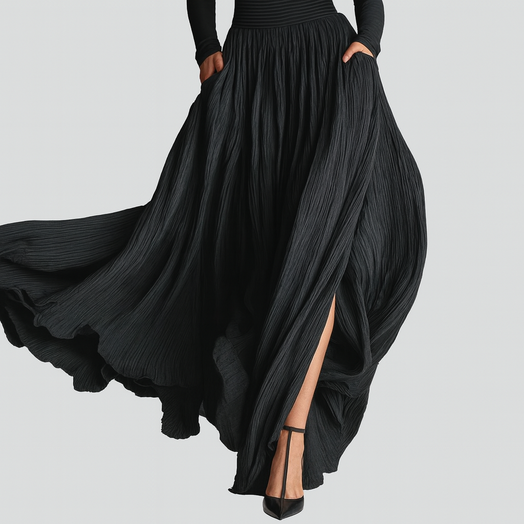 Evara All-Black Skinny Turtleneck & Pleated Skirt Set