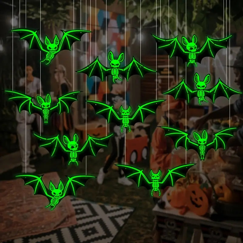 Glowing Bat Set – 10-Piece 3D Halloween Wall and Ceiling Decor Made of Plastic