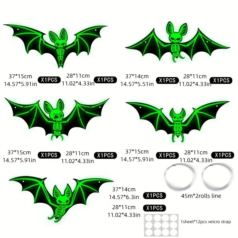 Glowing Bat Set – 10-Piece 3D Halloween Wall and Ceiling Decor Made of Plastic