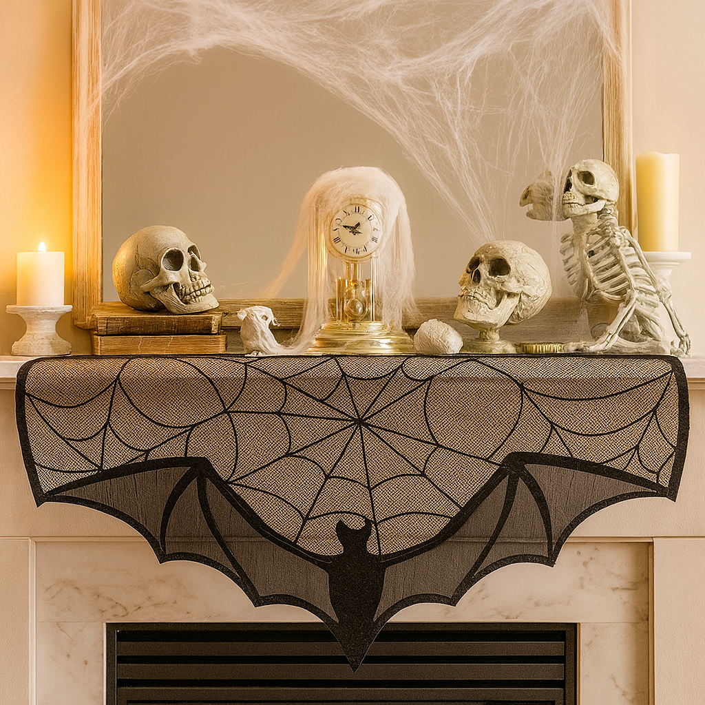 Gothic Lace Halloween Decorative Top - Black Cover with Bat & Spider Web