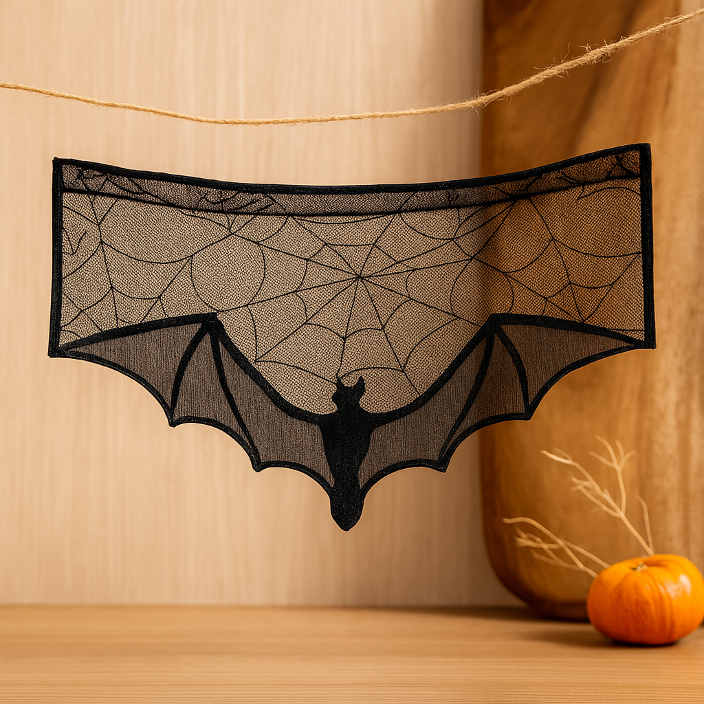 Gothic Lace Halloween Decorative Top - Black Cover with Bat & Spider Web