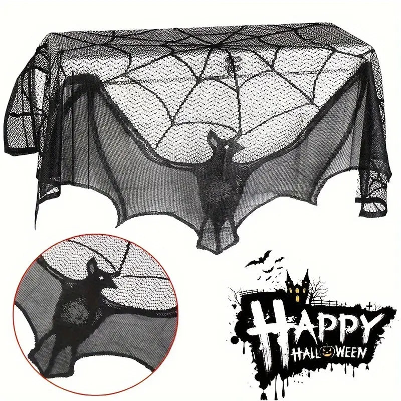 Gothic Lace Halloween Decorative Top - Black Cover with Bat & Spider Web
