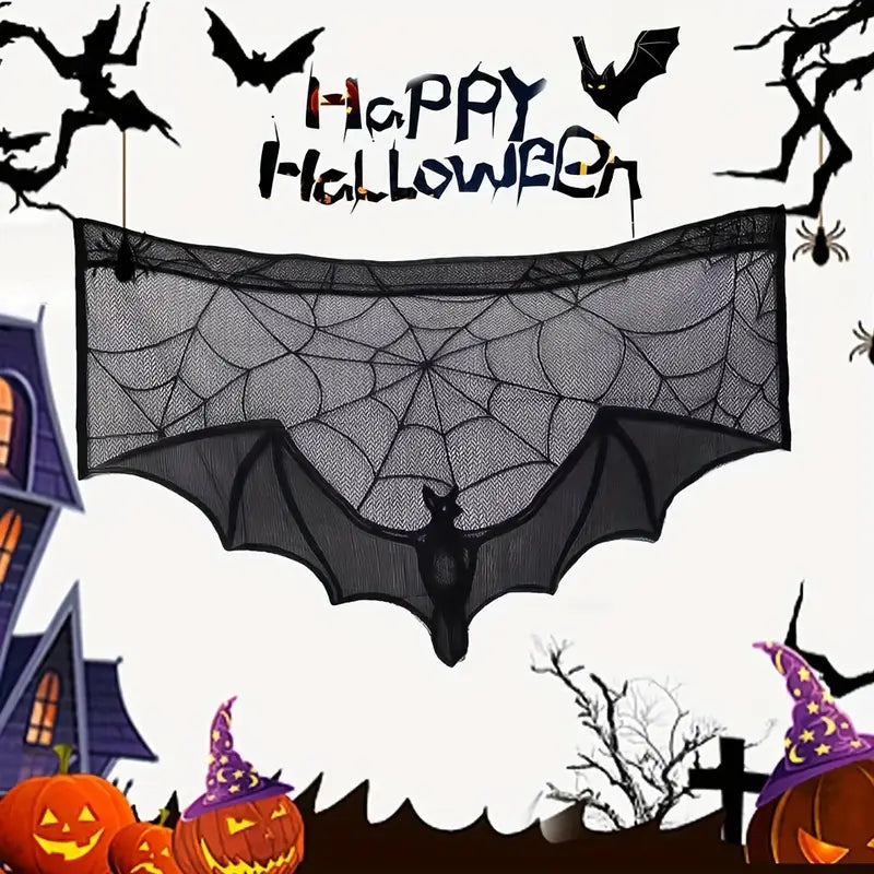 Gothic Lace Halloween Decorative Top - Black Cover with Bat & Spider Web