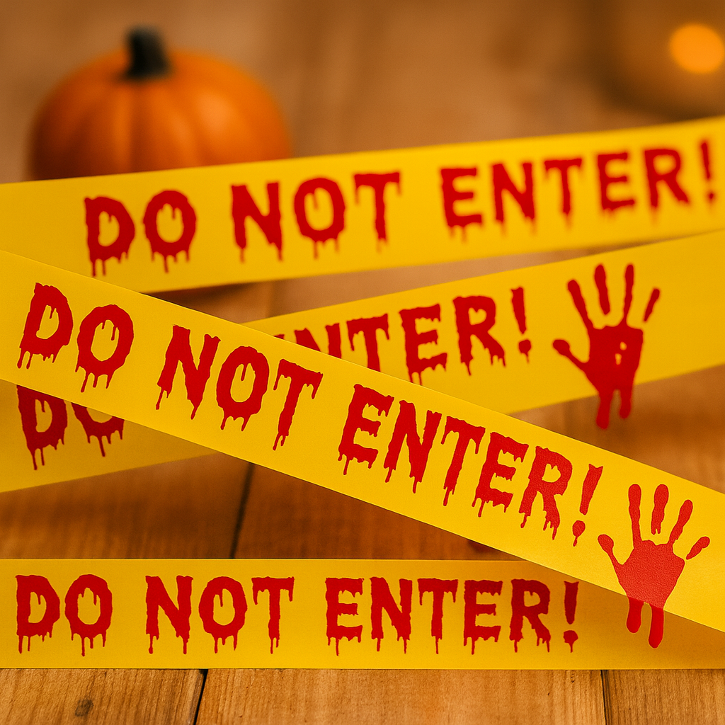 Halloween Warning Tape with Bloody Handprints – 25m Plastic Decoration Roll for Horror Party and Haunted House