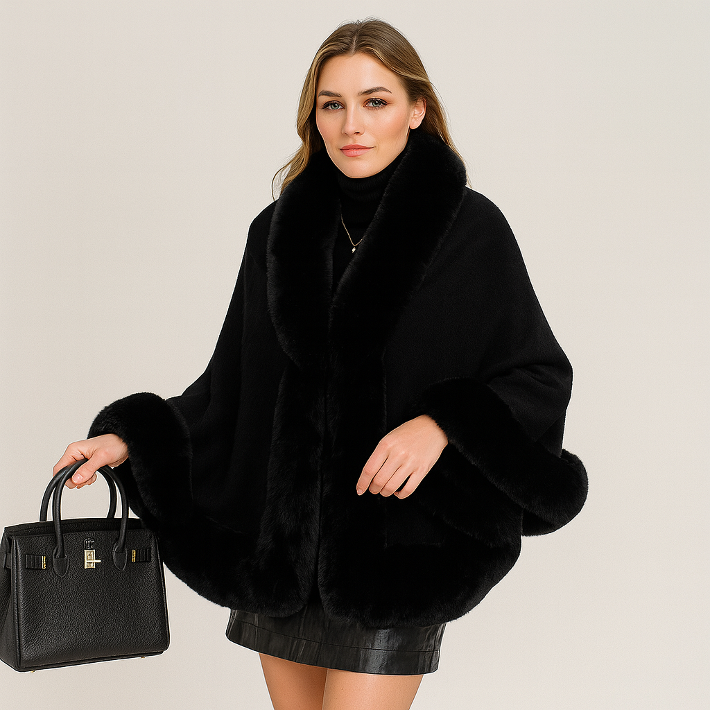 Marcella | Bat Wing Coat with Open Front and Fur Trim