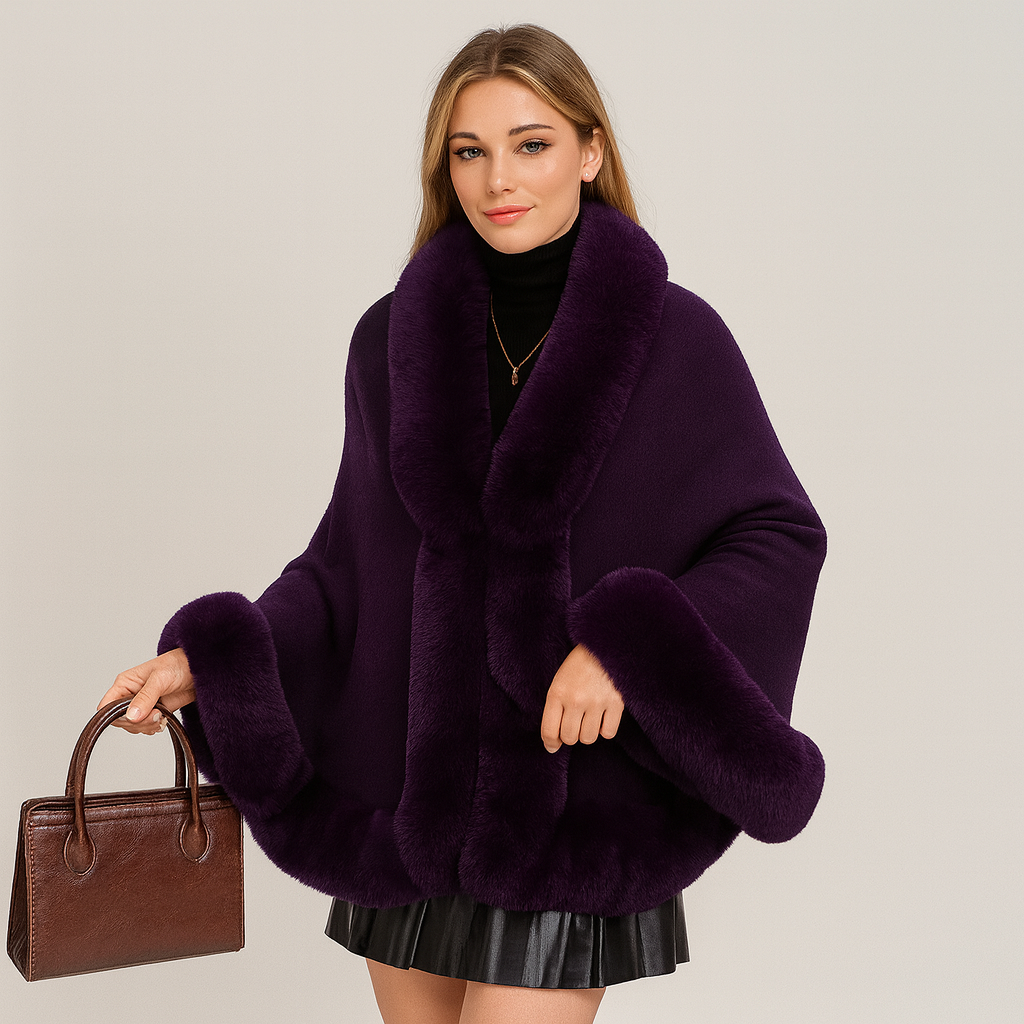 Marcella | Bat Wing Coat with Open Front and Fur Trim