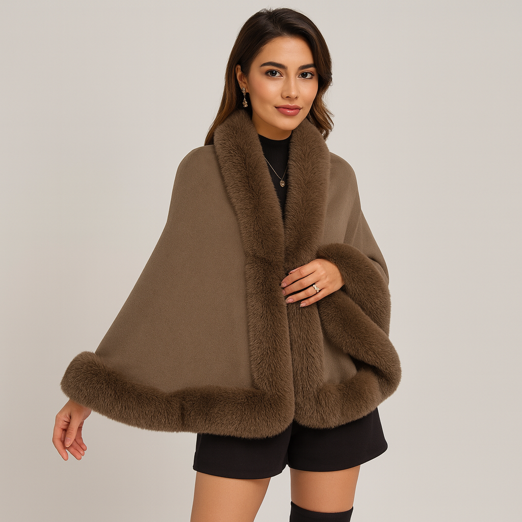Marcella | Bat Wing Coat with Open Front and Fur Trim