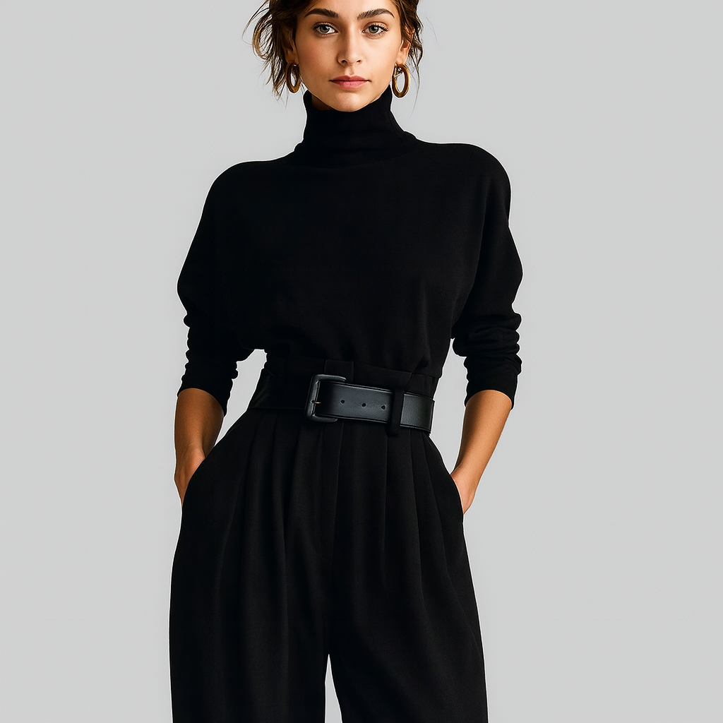 Nora All-Black Turtleneck & Straight-Leg Pants Two-Piece Set (with Belt)